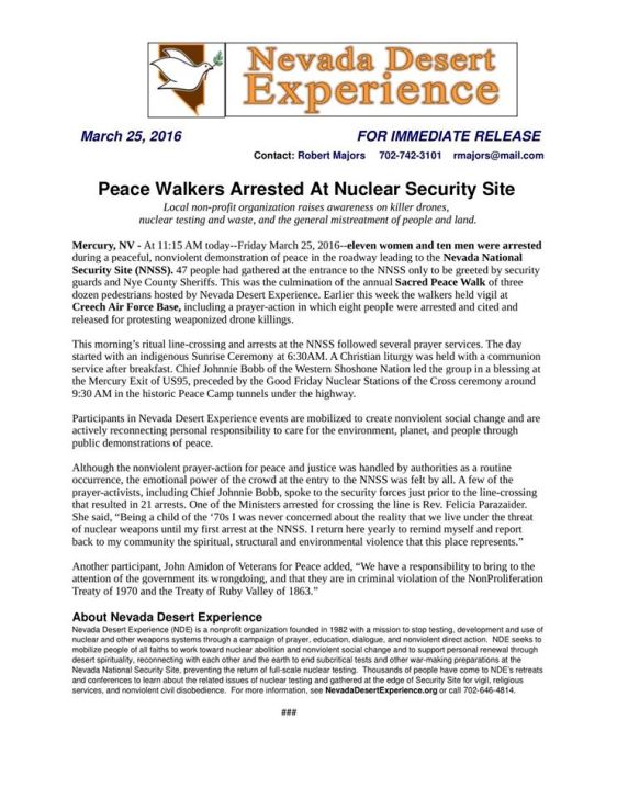 NDE Press Release for the 2016 Sacred Peace Walk